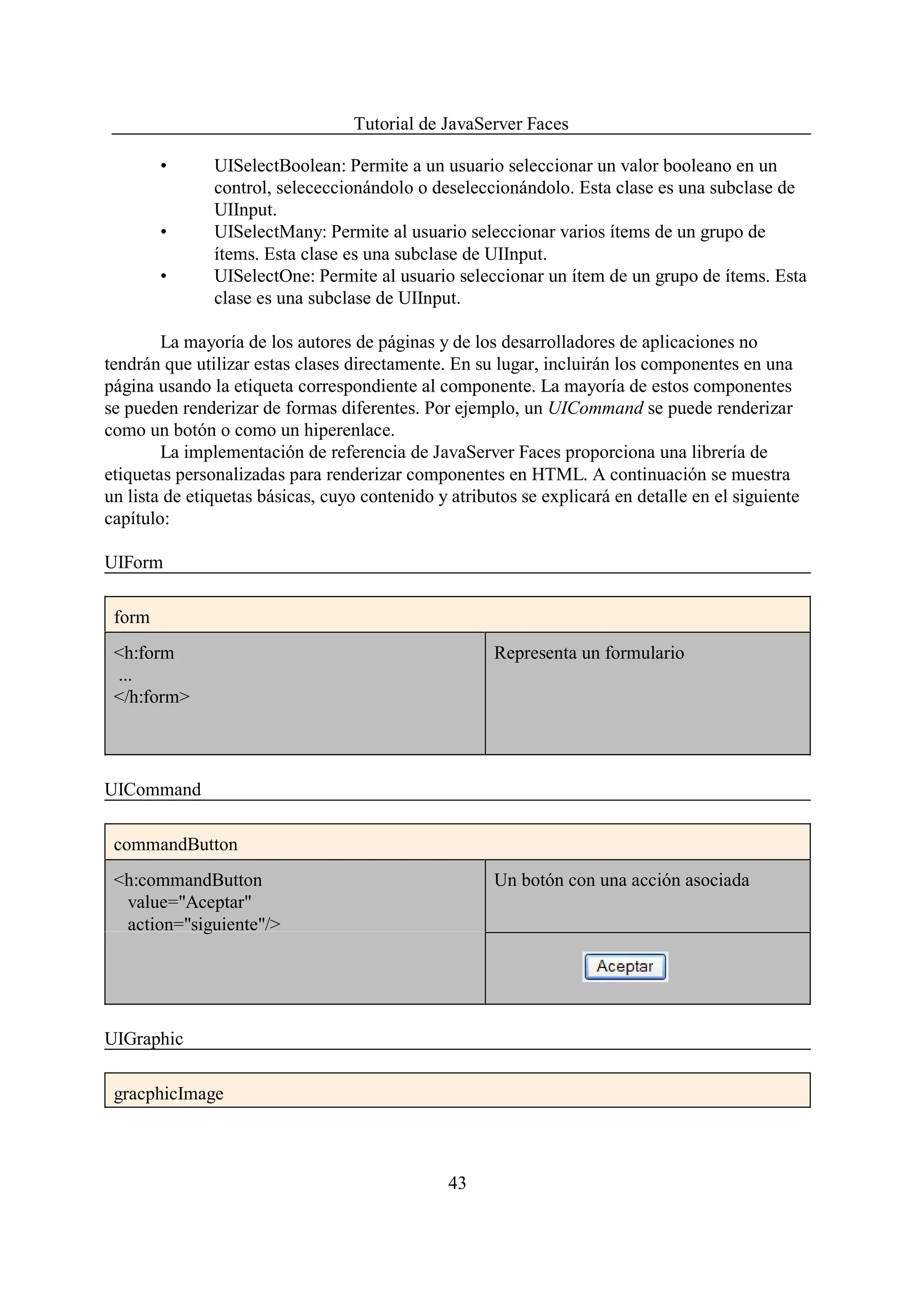Tutorial de JavaServer Faces

        •      UISelectBoolean: Permite a un usuario seleccionar un valor booleano en un
               control, selececcionándolo o deseleccionándolo. Esta clase es una subclase de
               UIInput.
        •      UISelectMany: Permite al usuario seleccionar varios ítems de un grupo de
               ítems. Esta clase es una subclase de UIInput.
        •      UISelectOne: Permite al usuario seleccionar un ítem de un grupo de ítems. Esta
               clase es una subclase de UIInput.

        La mayoría de los autores de páginas y de los desarrolladores de aplicaciones no
tendrán que utilizar estas clases directamente. En su lugar, incluirán los componentes en una
página usando la etiqueta correspondiente al componente. La mayoría de estos componentes
se pueden renderizar de formas diferentes. Por ejemplo, un UICommand se puede renderizar
como un botón o como un hiperenlace.
        La implementación de referencia de JavaServer Faces proporciona una librería de
etiquetas personalizadas para renderizar componentes en HTML. A continuación se muestra
un lista de etiquetas básicas, cuyo contenido y atributos se explicará en detalle en el siguiente
capítulo:

UIForm

 form
 <h:form                                              Representa un formulario
 ...
 </h:form>



UICommand

 commandButton
 <h:commandButton                                     Un botón con una acción asociada
  value="Aceptar"
  action="siguiente"/>




UIGraphic

 gracphicImage



                                                43
 