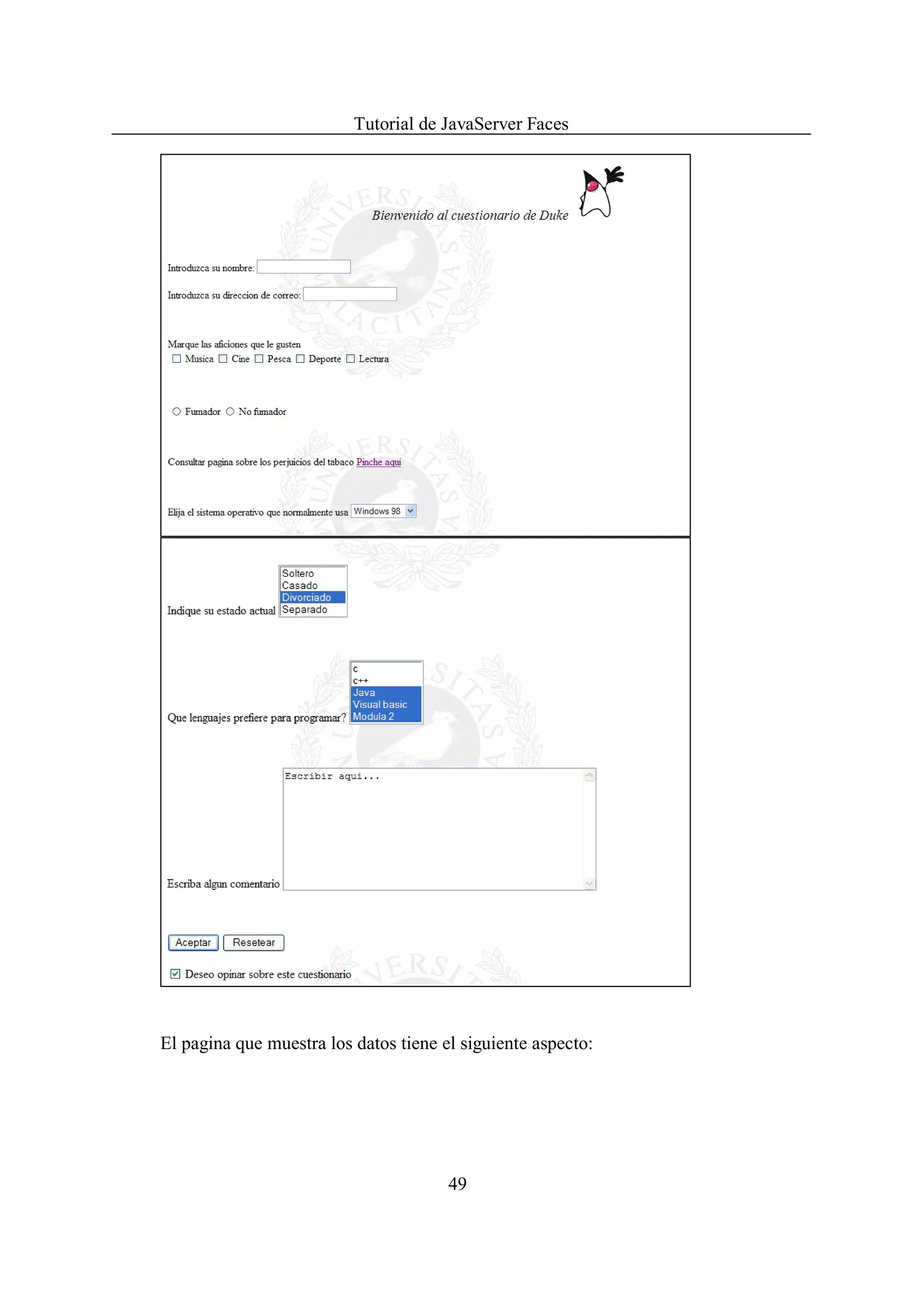 Tutorial de JavaServer Faces




El pagina que muestra los datos tiene el siguiente aspecto:




                                       49
 