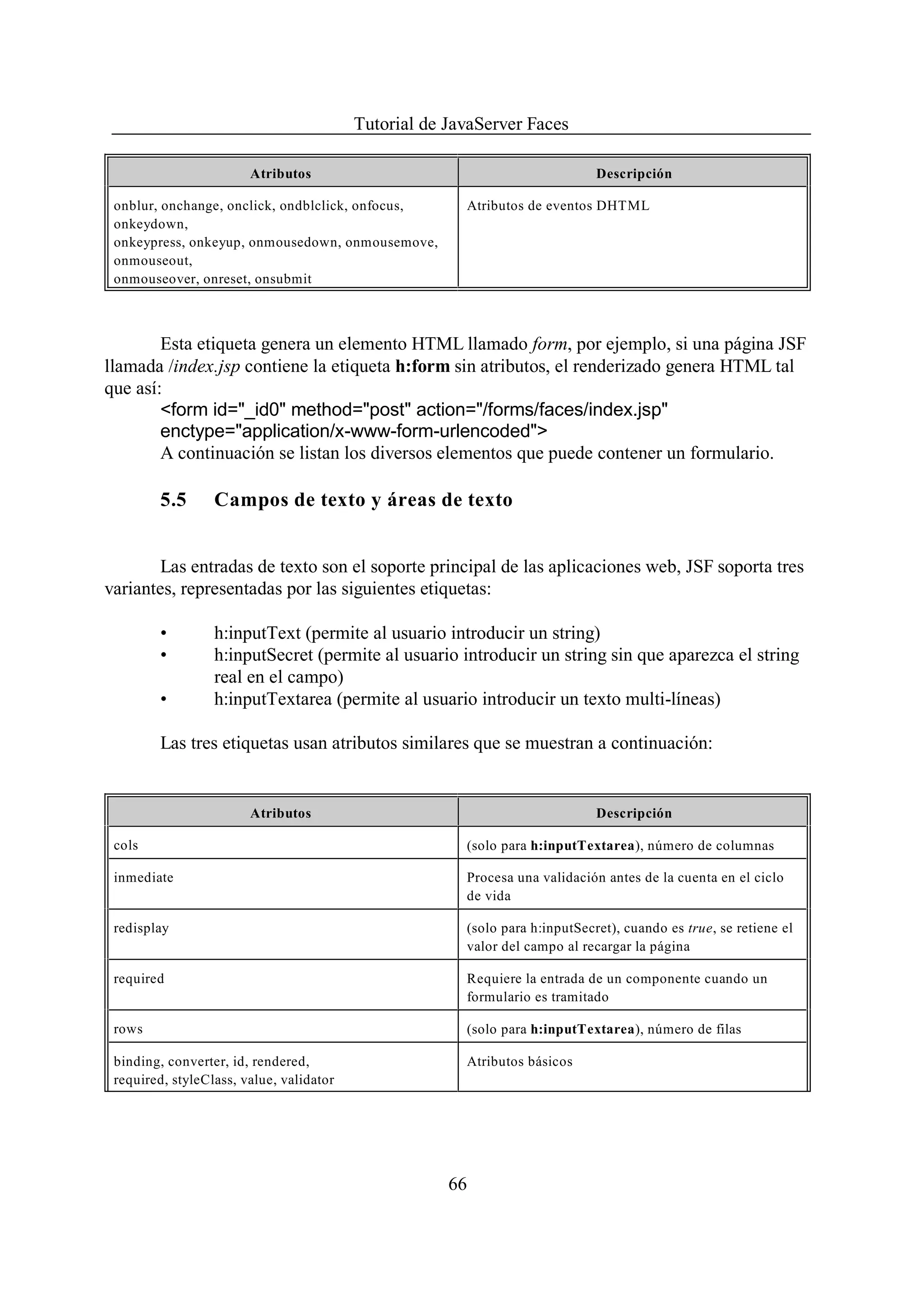 Tutorial de JavaServer Faces

                        Atributos                                             Descripción

 onblur, onchange, onclick, ondblclick, onfocus,        Atributos de eventos DHTML
 onkeydown,
 onkeypress, onkeyup, onmousedown, onmousemove,
 onmouseout,
 onmouseover, onreset, onsubmit



        Esta etiqueta genera un elemento HTML llamado form, por ejemplo, si una página JSF
llamada /index.jsp contiene la etiqueta h:form sin atributos, el renderizado genera HTML tal
que así:
        <form id="_id0" method="post" action="/forms/faces/index.jsp"
        enctype="application/x-www-form-urlencoded">
        A continuación se listan los diversos elementos que puede contener un formulario.

         5.5      Campos de texto y áreas de texto


        Las entradas de texto son el soporte principal de las aplicaciones web, JSF soporta tres
variantes, representadas por las siguientes etiquetas:

         •        h:inputText (permite al usuario introducir un string)
         •        h:inputSecret (permite al usuario introducir un string sin que aparezca el string
                  real en el campo)
         •        h:inputTextarea (permite al usuario introducir un texto multi-líneas)

         Las tres etiquetas usan atributos similares que se muestran a continuación:


                        Atributos                                             Descripción

 cols                                                   (solo para h:inputTextarea), número de columnas

 inmediate                                              Procesa una validación antes de la cuenta en el ciclo
                                                        de vida

 redisplay                                              (solo para h:inputSecret), cuando es true, se retiene el
                                                        valor del campo al recargar la página

 required                                               Requiere la entrada de un componente cuando un
                                                        formulario es tramitado

 rows                                                   (solo para h:inputTextarea), número de filas

 binding, converter, id, rendered,                      Atributos básicos
 required, styleClass, value, validator




                                                      66
 