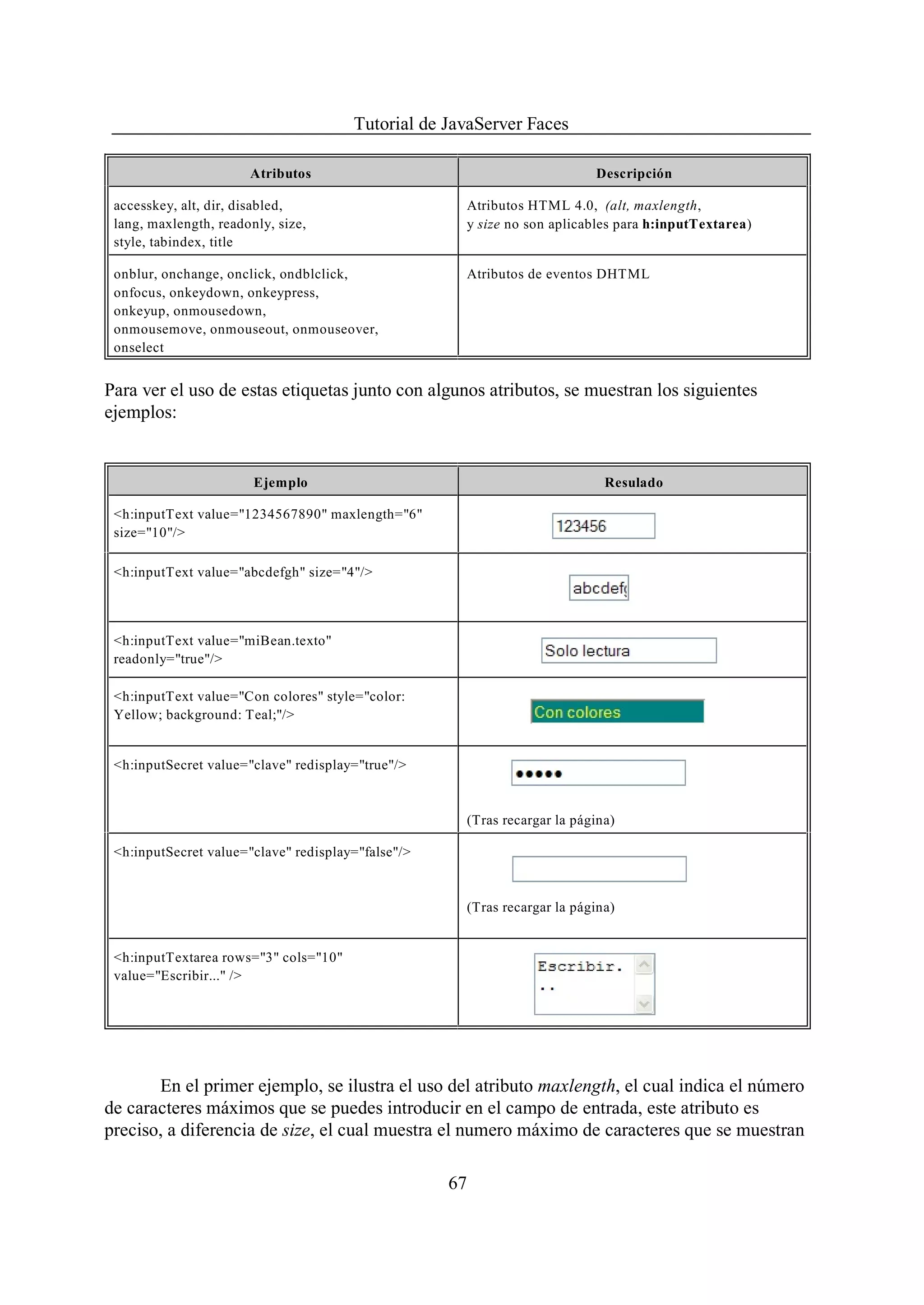 Tutorial de JavaServer Faces

                       Atributos                                          Descripción

 accesskey, alt, dir, disabled,                      Atributos HTML 4.0, (alt, maxlength,
 lang, maxlength, readonly, size,                    y size no son aplicables para h:inputTextarea)
 style, tabindex, title

 onblur, onchange, onclick, ondblclick,              Atributos de eventos DHTML
 onfocus, onkeydown, onkeypress,
 onkeyup, onmousedown,
 onmousemove, onmouseout, onmouseover,
 onselect


Para ver el uso de estas etiquetas junto con algunos atributos, se muestran los siguientes
ejemplos:


                        Ejemplo                                             Resulado

 <h:inputText value="1234567890" maxlength="6"
 size="10"/>

 <h:inputText value="abcdefgh" size="4"/>



 <h:inputText value="miBean.texto"
 readonly="true"/>

 <h:inputText value="Con colores" style="color:
 Yellow; background: Teal;"/>


 <h:inputSecret value="clave" redisplay="true"/>


                                                     (Tras recargar la página)

 <h:inputSecret value="clave" redisplay="false"/>


                                                     (Tras recargar la página)


 <h:inputTextarea rows="3" cols="10"
 value="Escribir..." />




       En el primer ejemplo, se ilustra el uso del atributo maxlength, el cual indica el número
de caracteres máximos que se puedes introducir en el campo de entrada, este atributo es
preciso, a diferencia de size, el cual muestra el numero máximo de caracteres que se muestran

                                                    67
 
