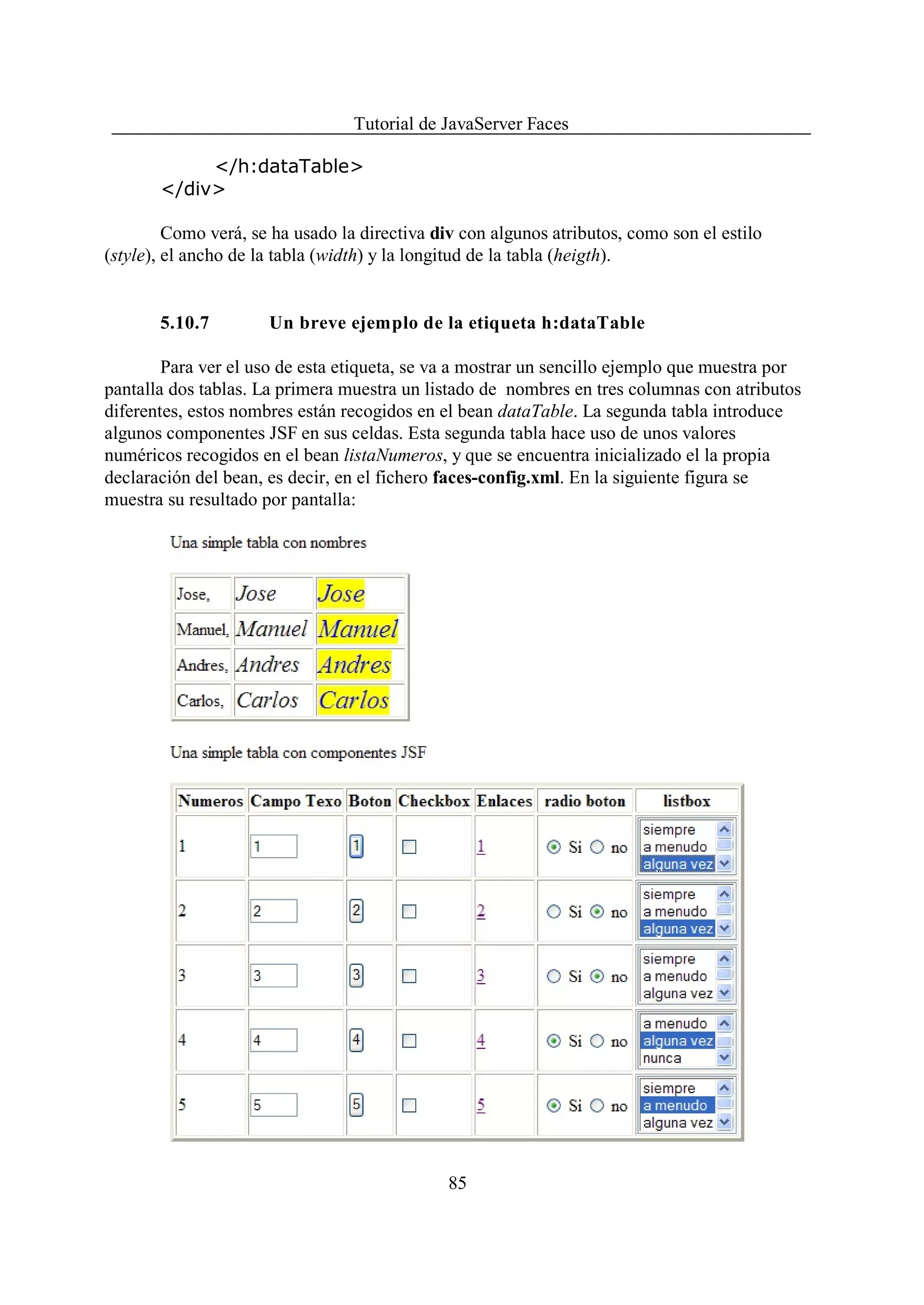 Tutorial de JavaServer Faces

            </h:dataTable>
       </div>

         Como verá, se ha usado la directiva div con algunos atributos, como son el estilo
(style), el ancho de la tabla (width) y la longitud de la tabla (heigth).


       5.10.7         Un breve ejemplo de la etiqueta h:dataTable

        Para ver el uso de esta etiqueta, se va a mostrar un sencillo ejemplo que muestra por
pantalla dos tablas. La primera muestra un listado de nombres en tres columnas con atributos
diferentes, estos nombres están recogidos en el bean dataTable. La segunda tabla introduce
algunos componentes JSF en sus celdas. Esta segunda tabla hace uso de unos valores
numéricos recogidos en el bean listaNumeros, y que se encuentra inicializado el la propia
declaración del bean, es decir, en el fichero faces-config.xml. En la siguiente figura se
muestra su resultado por pantalla:




                                               85
 