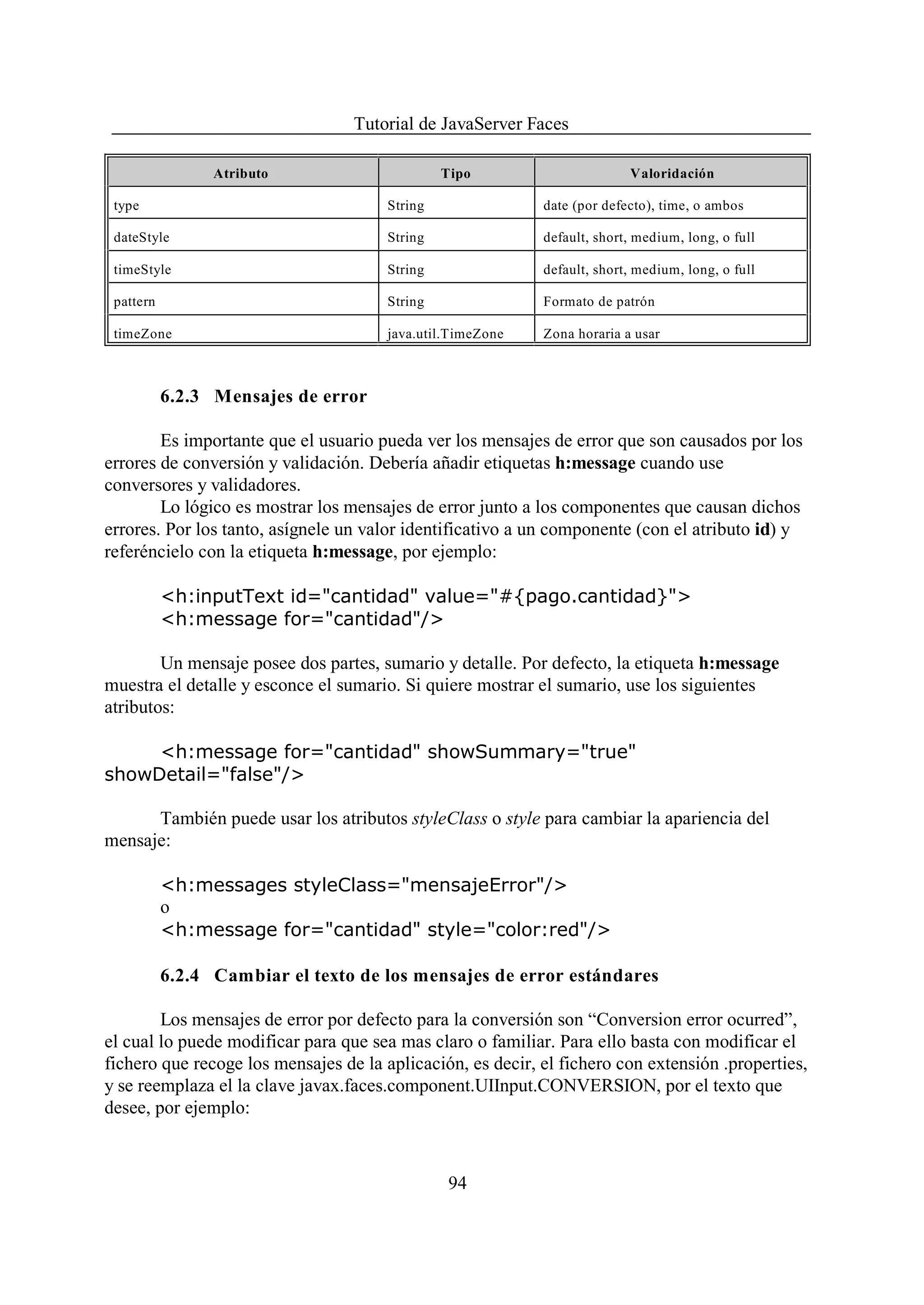 Tutorial de JavaServer Faces

                 Atributo                       Tipo                      Valoridación

 type                                  String               date (por defecto), time, o ambos

 dateStyle                             String               default, short, medium, long, o full

 timeStyle                             String               default, short, medium, long, o full

 pattern                               String               Formato de patrón

 timeZone                              java.util.TimeZone   Zona horaria a usar



           6.2.3 Mensajes de error

        Es importante que el usuario pueda ver los mensajes de error que son causados por los
errores de conversión y validación. Debería añadir etiquetas h:message cuando use
conversores y validadores.
        Lo lógico es mostrar los mensajes de error junto a los componentes que causan dichos
errores. Por los tanto, asígnele un valor identificativo a un componente (con el atributo id) y
referéncielo con la etiqueta h:message, por ejemplo:

           <h:inputText id="cantidad" value="#{pago.cantidad}">
           <h:message for="cantidad"/>

        Un mensaje posee dos partes, sumario y detalle. Por defecto, la etiqueta h:message
muestra el detalle y esconce el sumario. Si quiere mostrar el sumario, use los siguientes
atributos:

     <h:message for="cantidad" showSummary="true"
showDetail="false"/>

      También puede usar los atributos styleClass o style para cambiar la apariencia del
mensaje:

           <h:messages styleClass="mensajeError"/>
           o
           <h:message for="cantidad" style="color:red"/>

           6.2.4 Cambiar el texto de los mensajes de error estándares

        Los mensajes de error por defecto para la conversión son “Conversion error ocurred”,
el cual lo puede modificar para que sea mas claro o familiar. Para ello basta con modificar el
fichero que recoge los mensajes de la aplicación, es decir, el fichero con extensión .properties,
y se reemplaza el la clave javax.faces.component.UIInput.CONVERSION, por el texto que
desee, por ejemplo:



                                                 94
 
