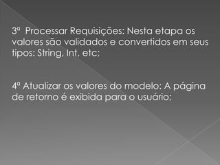 3ª Processar Requisições: Nesta etapa os
valores são validados e convertidos em seus
tipos: String, Int, etc;


4ª Atualizar os valores do modelo: A página
de retorno é exibida para o usuário;
 