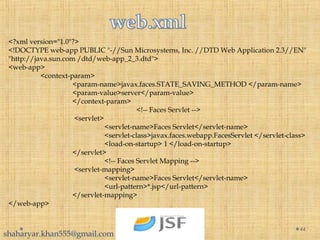 <?xml version="1.0"?>
<!DOCTYPE web-app PUBLIC "-//Sun Microsystems, Inc. //DTD Web Application 2.3//EN"
"http://java.sun.com /dtd/web-app_2_3.dtd">
<web-app>
<context-param>
<param-name>javax.faces.STATE_SAVING_METHOD </param-name>
<param-value>server</param-value>
</context-param>
<!-- Faces Servlet -->
<servlet>
<servlet-name>Faces Servlet</servlet-name>
<servlet-class>javax.faces.webapp.FacesServlet </servlet-class>
<load-on-startup> 1 </load-on-startup>
</servlet>
<!-- Faces Servlet Mapping -->
<servlet-mapping>
<servlet-name>Faces Servlet</servlet-name>
<url-pattern>*.jsp</url-pattern>
</servlet-mapping>
</web-app>
44
shaharyar.khan555@gmail.com
 