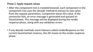 Phase 2: Apply request values
• After the component tree is created/restored, each component in the
component tree uses the decode method to extract its new value
from the request parameters. Component stores this value. If the
conversion fails, an error message is generated and queued on
FacesContext. This message will be displayed during the render
response phase, along with any validation errors.
• If any decode methods event listeners called renderResponse on the
current FacesContext instance, the JSF moves to the render response
phase.
 