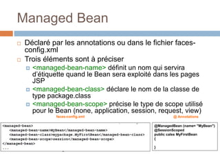 Managed Bean
 Déclaré par les annotations ou dans le fichier faces-
config.xml
 Trois éléments sont à préciser
 <managed-bean-name> définit un nom qui servira
d’étiquette quand le Bean sera exploité dans les pages
JSP
 <managed-bean-class> déclare le nom de la classe de
type package.class
 <managed-bean-scope> précise le type de scope utilisé
pour le Bean (none, application, session, request, view)
@ManagedBean (name= "MyBean")
@SessionScoped
public calss MyFirstBean
{
}
@ Annotationsfaces-config.xml
 