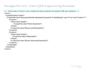 Exemplo: Passo 6 – Criar o JSP responsável pelo retorno <!- - Insiro este <h:form> com a tabela de retorno dentro do próprio JSP que cadastra - -> <h:form> <t:panelGrid align="center">   <h:dataTable value="#{campanhaHandler.allCadastroCampanha}" id="tabelaDados" rows="5" var="ccam" border="1“> <h:column>   <f:facet name="header">   <h:outputText value="Nome Campanha"/>   </f:facet>   <h:outputText value="#{ccam.nomeCampanha}"/> </h:column> <h:column>   <f:facet name="header">   <h:outputText value="Observação"/>   </f:facet>   <h:outputText value="#{ccam.observacaoCampanha}"/> </h:column>   </h:dataTable> </t:panelGrid> </h:form> 