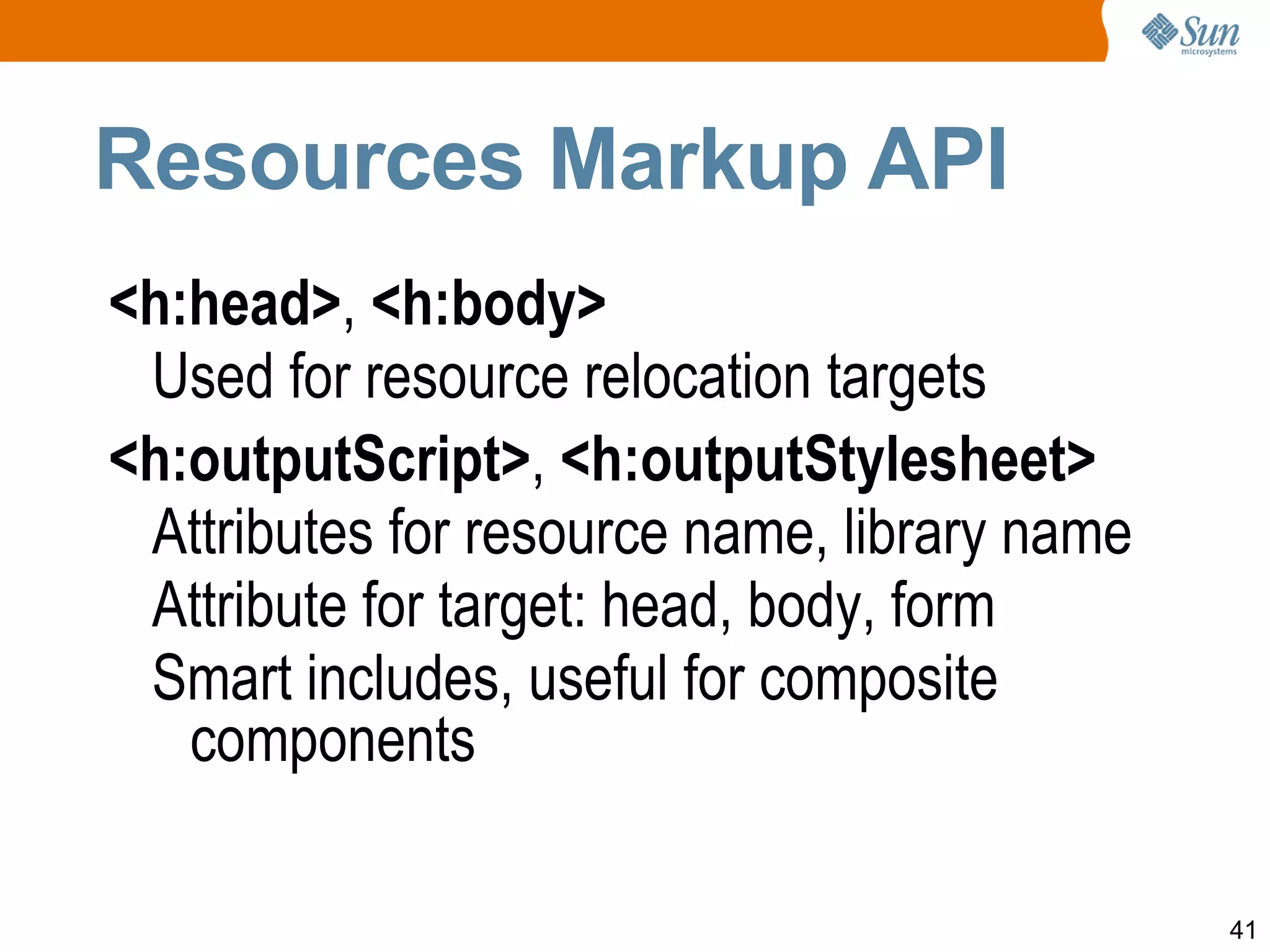Composite Component <html xmlns="http://www.w3.org/1999/xhtml" xmlns:h="http://java.sun.com/jsf/html" xmlns:f="http://java.sun.com/jsf/core" xmlns:ez="http://java.sun.com/jsf/composite/simpleout"> .... <ez:out value="Test Value"/> .... 