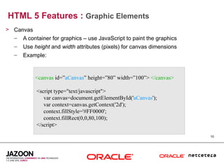 HTML 5 Features : Graphic Elements
> Canvas
  – A container for graphics – use JavaScript to paint the graphics
   –   Use height and width attributes (pixels) for canvas dimensions
   –   Example:



           <canvas id=”aCanvas” height=”80” width=”100”> </canvas>

            <script type="text/javascript">
               var canvas=document.getElementById('aCanvas');
               var context=canvas.getContext('2d');
               context.fillStyle='#FF0000';
               context.fillRect(0,0,80,100);
            </script>
                                                                        10
 