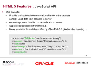 HTML 5 Features : JavaScript API
> Web Sockets:
  – Provide bi-directional communication channel in the browser
   –   send() : Send data from browser to server
   –   onmessage event handler: process data from server
   –   Separate specification (from HTML 5)
   –   Many server implementations: Grizzly, GlassFish 3.1, jWebsocket,Kaazing,...


         var ws = new WebSocket("ws://www.websocket.org");
          ws.onopen = function(evt) { alert("Connection open ..."); };
          ws.send(data);
          ws.onmessage = function(evt) { alert( "Msg: " + evt.data); };
          ws.onclose = function(evt) { alert("Connection closed."); };
          ws.disconnect();
                                                                                18
 