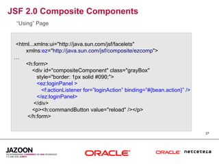 JSF 2.0 Composite Components
  “Using” Page


 <html...xmlns:ui="http://java.sun.com/jsf/facelets"
     xmlns:ez="http://java.sun.com/jsf/composite/ezcomp">
 …
     <h:form>
        <div id="compositeComponent" class="grayBox"
          style="border: 1px solid #090;">
          <ez:loginPanel >
            <f:actionListener for=”loginAction” binding=”#{bean.action}” />
          </ez:loginPanel>
         </div>
        <p><h:commandButton value="reload" /></p>
      </h:form>

                                                                              27
 