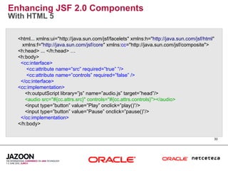Enhancing JSF 2.0 Components
With HTML 5

  <html... xmlns:ui="http://java.sun.com/jsf/facelets" xmlns:h="http://java.sun.com/jsf/html"
    xmlns:f="http://java.sun.com/jsf/core" xmlns:cc="http://java.sun.com/jsf/composite">
  <h:head> ... </h:head> …
  <h:body>
   <cc:interface>
      <cc:attribute name=”src” required=”true” ”/>
      <cc:attribute name=”controls” required=”false” />
   </cc:interface>
  <cc:implementation>
     <h:outputScript library=”js” name=”audio.js” target=”head”/>
     <audio src="#{cc.attrs.src}" controls="#{cc.attrs.controls}"></audio>
     <input type=”button” value=”Play” onclick=”play()”/>
     <input type=”button” value=”Pause” onclick=”pause()”/>
   </cc:implementation>
  </h:body>

                                                                                            30
 