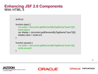 Enhancing JSF 2.0 Components
With HTML 5

      audio.js:

      function play() {
         var audio = document.getElementsByTagName("audio")[0];
         audio.play();
         var display = document.getElementsByTagName("input")[0];
         display.value = audio.src;
      }

      function pause() {
         var audio = document.getElementsByTagName("audio")[0];
         audio.pause();
      }



                                                                    31
 