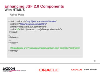 Enhancing JSF 2.0 Components
With HTML 5
  “Using” Page

  <html... xmlns:ui="http://java.sun.com/jsf/facelets"
      xmlns:h="http://java.sun.com/jsf/html"
      xmlns:f="http://java.sun.com/jsf/core"
      xmlns:h5="http://java.sun.com/jsf/composite/media">
  <h:head>
  ...
  </h:head>
  …
  <h:body>
    ...
    <h5:audiobox src="resources/media/Lightson.ogg" controls="controls"/>
  </h:body>
  ....


                                                                            32
 