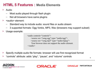 HTML 5 Features : Media Elements
> Audio
  – Most audio played through flash plugin
   –   Not all browsers have same plugins
> <audio> element:
  – Standard way to include audio: sound files or audio stream
   –   3 supported formats: Ogg Vorbis, MP3, Wav (browsers may support subset)
> Usage example:
                       <audio controls="controls">
                          <source src="song.ogg" type="audio/ogg">
                          <source src="song.mp3" type="audio/mpeg">
                           Your browser does not support the audio element.
                       </audio>


> Specify multiple audio file formats: browser will use first recognized format
> “controls” attribute: adds “play”, “pause”, and “volume” controls               8
 