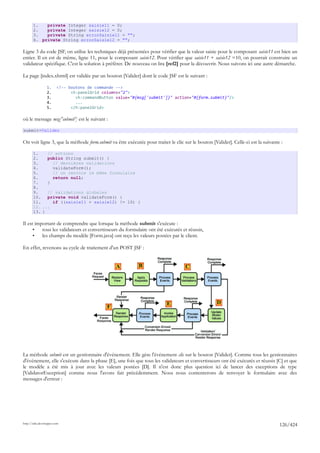 1.   private Integer saisie11 = 0;
       2.   private Integer saisie12 = 0;
       3.   private String errorSaisie11 = "";
       4. private String errorSaisie12 = "";

Ligne 3 du code JSF, on utilise les techniques déjà présentées pour vérifier que la valeur saisie pour le composant saisie11 est bien un
entier. Il en est de même, ligne 11, pour le composant saisie12. Pour vérifier que saisie11 + saisie12 =10, on pourrait construire un
validateur spécifique. C'est la solution à préférer. De nouveau on lira [ref2] pour la découvrir. Nous suivons ici une autre démarche.

La page [index.xhtml] est validée par un bouton [Valider] dont le code JSF est le suivant :

                 1.     <!-- boutons de commande -->
                 2.           <h:panelGrid columns="2">
                 3.             <h:commandButton value="#{msg['submit']}" action="#{form.submit}"/>
                 4.             ...
                 5.           </h:panelGrid>

où le message msg['submit'] est le suivant :

submit=Valider

On voit ligne 3, que la méthode form.submit va être exécutée pour traiter le clic sur le bouton [Valider]. Celle-ci est la suivante :

       1.    // actions
       2.    public String submit() {
       3.      // dernières validations
       4.      validateForm();
       5.      // on renvoie le même formulaire
       6.      return null;
       7.    }
       8.
       9.    // validations globales
       10.   private void validateForm() {
       11.     if ((saisie11 + saisie12) != 10) {
       12. ...
       13. }

Il est important de comprendre que lorsque la méthode submit s'exécute :
      •   tous les validateurs et convertisseurs du formulaire ont été exécutés et réussis,
      •   les champs du modèle [Form.java] ont reçu les valeurs postées par le client.

En effet, revenons au cycle de traitement d'un POST JSF :


                                                 A         B                       C




                                                                         E                         D
                                             F




La méthode submit est un gestionnaire d'événement. Elle gère l'événement clic sur le bouton [Valider]. Comme tous les gestionnaires
d'événement, elle s'exécute dans la phase [E], une fois que tous les validateurs et convertisseurs ont été exécutés et réussis [C] et que
le modèle a été mis à jour avec les valeurs postées [D]. Il n'est donc plus question ici de lancer des exceptions de type
[ValidatorException] comme nous l'avons fait précédemment. Nous nous contenterons de renvoyer le formulaire avec des
messages d'erreur :




http://tahe.developpez.com
                                                                                                                                   126/424
 