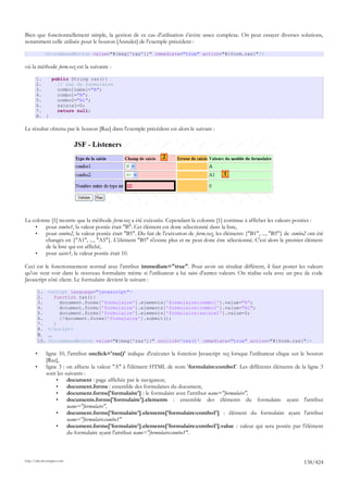 Bien que fonctionnellement simple, la gestion de ce cas d'utilisation s'avère assez complexe. On peut essayer diverses solutions,
notamment celle utilisée pour le bouton [Annuler] de l'exemple précédent :

                <h:commandButton value="#{msg['raz']}" immediate="true" action="#{form.raz}"/>

où la méthode form.raz est la suivante :

       1.   public String raz(){
       2.     // raz du formulaire
       3.     combo1Label="A";
       4.     combo1="A";
       5.     combo2="A1";
       6.     saisie1=0;
       7.     return null;
       8. }

Le résultat obtenu par le bouton [Raz] dans l'exemple précédent est alors le suivant :



                                                                    2

                                                                                                1




La colonne [1] montre que la méthode form.raz a été exécutée. Cependant la colonne [1] continue à afficher les valeurs postées :
    •   pour combo1, la valeur postée était "B". Cet élément est donc sélectionné dans la liste,
    •   pour combo2, la valeur postée était "B5". Du fait de l'exécution de form.raz, les éléments {"B1", ..., "B5"} de combo2 ont été
        changés en {"A1", ..., "A5"}. L'élément "B5" n'existe plus et ne peut donc être sélectionné. C'est alors le premier élément
        de la liste qui est affiché,
    •   pour saisie1, la valeur postée était 10.

Ceci est le fonctionnement normal avec l'attribut immediate="true". Pour avoir un résultat différent, il faut poster les valeurs
qu'on veut voir dans le nouveau formulaire même si l'utilisateur a lui saisi d'autres valeurs. On réalise cela avec un peu de code
Javascript côté client. Le formulaire devient le suivant :

           1.   <script language="javascript">
           2.     function raz(){
           3.       document.forms['formulaire'].elements['formulaire:combo1'].value="A";
           4.       document.forms['formulaire'].elements['formulaire:combo2'].value="A1";
           5.       document.forms['formulaire'].elements['formulaire:saisie1'].value=0;
           6.       //document.forms['formulaire'].submit();
           7.     }
           8.   </script>
           9.   ...
           10. <h:commandButton value="#{msg['raz']}" onclick='raz()' immediate="true" action="#{form.raz}"/>

       •        ligne 10, l'attribut onclick='raz()' indique d'exécuter la fonction Javascript raz lorsque l'utilisateur clique sur le bouton
                [Raz],
       •        ligne 3 : on affecte la valeur "A" à l'élément HTML de nom 'formulaire:combo1'. Les différents éléments de la ligne 3
                sont les suivants :
                     •    document : page affichée par le navigateur,
                     •    document.forms : ensemble des formulaires du document,
                     •    document.forms['formulaire'] : le formulaire avec l'attribut name="formulaire",
                     •    documents.forms['formulaire'].elements : ensemble des éléments du formulaire ayant l'attribut
                          name="formulaire",
                     •    document.forms['formulaire'].elements['formulaire:combo1'] : élément du formulaire ayant l'attribut
                          name="formulaire:combo1"
                     •    document.forms['formulaire'].elements['formulaire:combo1'].value : valeur qui sera postée par l'élément
                          du formulaire ayant l'attribut name="formulaire:combo1".



http://tahe.developpez.com
                                                                                                                                    138/424
 
