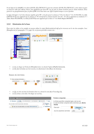 Si une ligne de la table[RV] a la valeur (JOUR1, ID_CRENEAU1) pour les colonnes (JOUR, ID_CRENEAU), cette valeur ne peut
se retrouver nulle part ailleurs. Sinon, cela signifierait que deux RV ont été pris au même moment pour le même médecin. D'un
point de vue programmation Java, le pilote JDBC de la base lance une SQLException lorsque ce cas se produit.

La ligne d'id égal à 3 (cf [1] ci-dessus) signifie qu'un RV a été pris pour le créneau n° 20 et le client n° 4 le 23/08/2006. La table
[CRENEAUX] nous apprend que le créneau n° 20 correspond au créneau horaire 16 h 20 - 16 h 40 et appartient au médecin n° 1
(Mme Marie PELISSIER). La table [CLIENTS] nous apprend que le client n° 4 est Melle Brigitte BISTROU.


3.3.5          Génération de la base

Pour créer les tables et les remplir on pourra utiliser le script [dbrdvmedecins2.sql] qu'on trouvera sur le site des exemples. Avec
[WampServer] (cf paragraphe 1.3.3, page 14), on pourra procéder comme suit :




                                        2
                                                                                         3




           1




       •       en [1], on clique sur l'icône de [WampServer] et on choisit l'option [PhpMyAdmin] [2],
       •       en [3], dans la fenêtre sui s'est ouverte, on sélectionne le lien [Bases de données],




                                                                                     7

                     4              5               6



       •       en [2], on crée une base de données dont on a donné le nom [4] et l'encodage [5],
       •       en [7], la base a été créée. On clique sur son lien,




                                                                                                           9
                                                                         8




http://tahe.developpez.com
                                                                                                                             161/424
 