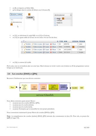 •        en [8], on importe un fichier SQL,
       •        qu'on désigne dans le système de fichiers avec le bouton [9],

                                           12

                                                                                                 13


           11




       •        en [11], on sélectionne le script SQL et en [12] on l'exécute,
       •        en [13], les quatre tables de la base ont été créées. On suit l'un des liens,




                                                                                                           14




       •        en [14], le contenu de la table.

Par la suite, nous ne reviendrons plus sur cette base. Mais le lecteur est invité à suivre son évolution au fil des programmes surtout
lorsque ça ne marche pas.


 3.4 Les couches [DAO] et [JPA]

Revenons à l'architecture que nous devons construire :



                                Couche                                           Couche         Couche
           Nav.                   JSF                EJB          EJB             [JPA /        [JDBC]
                                 [web]             [métier]      [DAO]         EclipseLink]               SGBD         BD


                                                          serveur Glassfish

Nous allons construire quatre projets Maven :
   •     un projet pour les couches [DAO] et [JPA],
   •     un projet pour la couche [métier],
   •     un projet pour la couche [web],
   •     un projet d'entreprise qui va rassembler les trois projets précédents.

Nous construisons maintenant le projet Maven des couches [DAO] et [JPA].

Note : la compréhension des couches [métier], [DAO], [JPA] nécessite des connaissances en Java EE. Pour cela, on pourra lire
[ref7] (cf page 154).




http://tahe.developpez.com
                                                                                                                             162/424
 