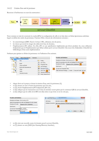 3.4.2.2         Création d'une unité de persistance

Revenons à l'architecture en cours de construction :



                              Couche                                        Couche           Couche
           Nav.                 JSF             EJB           EJB            [JPA /          [JDBC]
                               [web]          [métier]       [DAO]        EclipseLink]                          SGBD         BD


                                                      serveur Glassfish

Nous sommes en train de construire la couche [JPA]. La configuration de celle-ci est faite dans un fichier [persistence.xml] dans
lequel on définit des unités de persistance. Chacune d'elles a besoin des informations suivantes :

       •      les caractéristiques JDBC d'accès à la base (URL, utilisateur, mot de passe),
       •      les classes qui seront les images des tables de la base de données,
       •      l'implémentation JPA utilisée. En effet, JPA est une spécification implémentée par divers produits. Ici, nous utiliserons
              EclipseLink qui est l'implémentation par défaut utilisée par le serveur Glassfish. Cela nous évite d'adjoindre à Glassfish les
              bibliothèques d'une autre implémentation.

Netbeans peut générer ce fichier de persistance via l'utilisation d'un assistant.


                                                                                                                   2

                                                                                                                         3

                                                                              4
                                                                   1
                                                                                                                             5




       •      cliquer droit sur le projet et choisir la création d'une unité de persistance [1],
       •      en [2], donner un nom à l'unité de persistance que l'on crée,
       •      en [3], choisir l'implémentation JPA EclipseLink (JPA 2.0),
       •      en [4], indiquer que les transactions avec la base de données seront gérées par le conteneur EJB du serveur Glassfish,
       •      en [5], indiquer que les tables de la BD sont déjà créées et que donc on ne les crée pas,




                                                                                                  7


                                                                                     8


                                          6




       •      en [6], créer une nouvelle source de données pour le serveur Glassfish,
       •      en [7], donner un nom JNDI (Java Naming Directory Interface),


http://tahe.developpez.com
                                                                                                                                   165/424
 