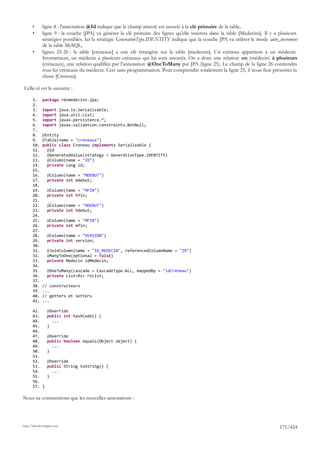 •      ligne 8 : l'annotation @Id indique que le champ annoté est associé à la clé primaire de la table,
       •      ligne 9 : la couche [JPA] va générer la clé primaire des lignes qu'elle insèrera dans la table [Medecins]. Il y a plusieurs
              stratégies possibles. Ici la stratégie GenerationType.IDENTITY indique que la couche JPA va utiliser le mode auto_increment
              de la table MySQL,
       •      lignes 25-26 : la table [creneaux] a une clé étrangère sur la table [medecins]. Un créneau appartient à un médecin.
              Inversement, un médecin a plusieurs créneaux qui lui sont associés. On a donc une relation un (médecin) à plusieurs
              (créneaux), une relation qualifiée par l'annotation @OneToMany par JPA (ligne 25). Le champ de la ligne 26 contiendra
              tous les créneaux du médecin. Ceci sans programmation. Pour comprendre totalement la ligne 25, il nous faut présenter la
              classe [Creneau].

Celle-ci est la suivante :

       1.     package rdvmedecins.jpa;
       2.
       3.     import         java.io.Serializable;
       4.     import         java.util.List;
       5.     import         javax.persistence.*;
       6.     import         javax.validation.constraints.NotNull;
       7.
       8.     @Entity
       9.     @Table(name = "creneaux")
       10.    public class Creneau implements Serializable {
       11.      @Id
       12.      @GeneratedValue(strategy = GenerationType.IDENTITY)
       13.      @Column(name = "ID")
       14.      private Long id;
       15.
       16.       @Column(name = "MDEBUT")
       17.       private int mdebut;
       18.
       19.       @Column(name = "HFIN")
       20.       private int hfin;
       21.
       22.       @Column(name = "HDEBUT")
       23.       private int hdebut;
       24.
       25.       @Column(name = "MFIN")
       26.       private int mfin;
       27.
       28.       @Column(name = "VERSION")
       29.       private int version;
       30.
       31.       @JoinColumn(name = "ID_MEDECIN", referencedColumnName = "ID")
       32.       @ManyToOne(optional = false)
       33.       private Medecin idMedecin;
       34.
       35.       @OneToMany(cascade = CascadeType.ALL, mappedBy = "idCreneau")
       36.       private List<Rv> rvList;
       37.
       38.    // constructeurs
       39.    ...
       40.    // getters et setters
       41.    ...

       42.       @Override
       43.       public int hashCode() {
       44.         ...
       45.       }
       46.
       47.       @Override
       48.       public boolean equals(Object object) {
       49.         ...
       50.       }
       51.
       52.       @Override
       53.       public String toString() {
       54.         ...
       55.       }
       56.
       57. }

Nous ne commentons que les nouvelles annotations :




http://tahe.developpez.com
                                                                                                                                171/424
 
