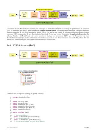 RdvMedecinsException
                                   Couche                                 Couche       Couche
         Nav.                        JSF          EJB          EJB         [JPA /      [JDBC]
                                    [web]       [métier]      [DAO]     EclipseLink]                  SGBD         BD


                                                        serveur Glassfish

L'exception de type [RdvMedecinsException] sera lancée par les méthodes de l'EJB de la couche [DAO] à l'intérieur du conteneur
EJB3 et interceptée par celui-ci. Sans l'annotation @ApplicationException le conteneur EJB3 encapsule l'exception survenue,
dans une exception de type [EjbException] et relance celle-ci. On peut ne pas vouloir de cette encapsulation et laisser sortir du
conteneur EJB3 une exception de type [RdvMedecinsException]. C'est ce que permet l'annotation @ ApplicationException. Par
ailleurs, l'attribut (rollback=true) de cette annotation indique au conteneur EJB3 que si l'exception de type
[RdvMedecinsException] se produit à l'intérieur d'une méthode exécutée au sein d'une transaction avec un SGBD, celle-ci doit être
annulée. En termes techniques, cela s'appelle faire un rollback de la transaction.


3.4.4         L'EJB de la couche [DAO]


                                   Couche                                 Couche       Couche
         Nav.                        JSF          EJB          EJB         [JPA /      [JDBC]
                                    [web]       [métier]      [DAO]     EclipseLink]                  SGBD         BD


                                                        serveur Glassfish




L'interface java [IDao] de la couche [DAO] est la suivante :

       1.     package rdvmedecins.dao;
       2.
       3.
       4.     import         java.util.Date;
       5.     import         java.util.List;
       6.     import         rdvmedecins.jpa.Client;
       7.     import         rdvmedecins.jpa.Creneau;
       8.     import         rdvmedecins.jpa.Medecin;
       9.     import         rdvmedecins.jpa.Rv;
       10.
       11.    public interface IDao {
       12.
       13.       // liste des clients
       14.       public List<Client> getAllClients();
       15.       // liste des Médecins
       16.       public List<Medecin> getAllMedecins();
       17.       // liste des créneaux horaires d'un médecin



http://tahe.developpez.com
                                                                                                                        179/424
 
