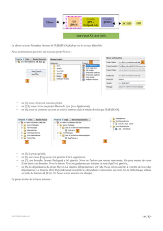 Couche            Couche
                                     Client                 EJB            [JPA /           [JDBC]
                                                           [DAO]        EclipseLink]                        SGBD          BD


                                                                 serveur Glassfish

Le client va tester l'interface distante de l'EJB [DAO] déployé sur le serveur Glassfish.

Nous commençons par créer un nouveau projet Maven :


                                                                              3                                                4




                                                      2
                     1




       •      en [1], nous créons un nouveau projet,
       •      en [2,3], nous créons un projet Maven de type [Java Application],
       •      en [4], nous lui donnons un nom et nous le mettons dans le même dossier que l'EJB [DAO],




                                                                  6



                    5                                7                                      8



       •      en [5], le projet généré,
       •      en [6], une classe [App.java] a été générée. On la supprimera,
       •      en [7], une branche [Source Packages] a été générée. Nous ne l'avions pas encore rencontrée. On peut mettre des tests
              JUnit dans cette branche. Nous le ferons. Nous ne garderons pas la classe de test [AppTest] générée,
       •      en [8], les dépendances du projet Maven. La branche [Dependencies] est vide. Nous serons amenés à y mettre de nouvelles
              dépendances. La branche [Test Dependencies] rassemble les dépendances nécessaires aux tests. Ici, la bibliothèque utilisée
              est celle du framework JUnit 3.8. Nous serons amenés à la changer.

Le projet évolue de la façon suivante :




http://tahe.developpez.com
                                                                                                                               186/424
 