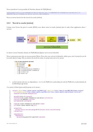 Nous retiendrons le nom portable de l'interface distante de l'EJB [Metier] :

java:global/istia.st_mv-rdvmedecins-metier-dao-ear_ear_1.0-SNAPSHOT/mv-rdvmedecins-ejb-metier-1.0-
SNAPSHOT/Metier!rdvmedecins.metier.service.IMetierRemote

Nous en aurons besoin lors des tests de la couche [métier].


3.5.3         Test de la couche [métier]

Comme nous l'avons fait pour la couche [DAO], nous allons tester la couche [métier] dans le cadre d'une application client /
serveur :




                                                                             Couche            Couche
                             Client             EJB           EJB             [JPA /           [JDBC]
                                              [Metier]      [DaoJpa]       EclipseLink]                          SGBD          BD


                                                                    serveur Glassfish

Le client va tester l'interface distante de l'EJB [Metier] déployé sur le serveur Glassfish.

Nous commençons par créer un nouveau projet Maven. Pour cela, nous suivons la démarche utilisée pour créer le projet de test de
la couche [dao] (cf page 186), la création du test JUnit exclue. Le projet ainsi créé est le suivant



                                          1




       •      en [1], le projet créé avec ses dépendances : vis à vis de l'EJB de la couche [dao], de celui de l'EJB de la couche [métier], de
              la bibliothèque [gf-client].

A ce point, le fichier [pom.xml] du projet est le suivant :

       1. <project xmlns="http://maven.apache.org/POM/4.0.0" xmlns:xsi="http://www.w3.org/2001/XMLSchema-instance"
       2.   xsi:schemaLocation="http://maven.apache.org/POM/4.0.0 http://maven.apache.org/xsd/maven-4.0.0.xsd">
       3.   <modelVersion>4.0.0</modelVersion>
       4.
       5.   <groupId>istia.st</groupId>
       6.   <artifactId>mv-client-rdvmedecins-ejb-metier</artifactId>
       7.   <version>1.0-SNAPSHOT</version>
       8.   <packaging>jar</packaging>
       9.
       10.  <name>mv-client-rdvmedecins-ejb-metier</name>
       11.  <url>http://maven.apache.org</url>
       12.
       13.  <properties>
       14.    <project.build.sourceEncoding>UTF-8</project.build.sourceEncoding>
       15.  </properties>
       16.
       17.  <dependencies>
       18.    <dependency>
       19.      <groupId>org.glassfish.appclient</groupId>




http://tahe.developpez.com
                                                                                                                                     203/424
 