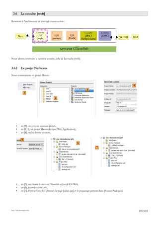 3.6 La couche [web]

Revenons à l'architecture en cours de construction :



                             Couche                                         Couche            Couche
           Nav.                JSF             EJB            EJB            [JPA /           [JDBC]
                              [web]          [métier]        [DAO]        EclipseLink]                           SGBD   BD


                                                     serveur Glassfish

Nous allons construire la dernière couche, celle de la couche [web].


3.6.1         Le projet Netbeans

Nous construisons un projet Maven :


                                                                                                                        4
                                                                                3
                   1
                                                2




       •      en [1], on crée un nouveau projet,
       •      en [2, 3], un projet Maven de type [Web Application],
       •      en [4], on lui donne un nom,

               5
                                                                      6
                                                                                         7




       •      en [5], on choisit le serveur Glassfish et Java EE 6 Web,
       •      en [6], le projet ainsi créé,
       •      en [7], le projet une fois éliminés la page [index.jsp] et le paquetage présent dans [Source Packages],




http://tahe.developpez.com
                                                                                                                             208/424
 