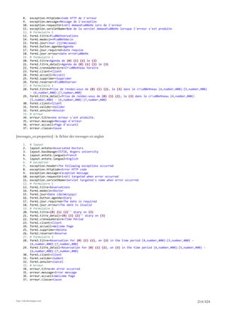 8.     exception.httpCode=Code HTTP de l'erreur
       9.     exception.message=Message de l'exception
       10.    exception.requestUri=Url demandu00e9e lors de l'erreur
       11.    exception.servletName=Nom de la servlet demandu00e9e lorsque l'erreur s'est produite
       12.    # formulaire 1
       13.    form1.titre=Ru00e9servations
       14.    form1.medecin=Mu00e9decin
       15.    form1.jour=Jour (jj/mm/aaaa)
       16.    form1.button.agenda=Agenda
       17.    form1.jour.required=date requise
       18.    form1.jour.erreur=date erronu00e9e
       19.    # formulaire 2
       20.    form2.titre=Agenda de {0} {1} {2} le {3}
       21.    form2.titre_detail=Agenda de {0} {1} {2} le {3}
       22.    form2.creneauHoraire=Cru00e9neau horaire
       23.    form2.client=Client
       24.    form2.accueil=Accueil
       25.    form2.supprimer=Supprimer
       26.    form2.reserver=Ru00e9server
       27.    # formulaire 3
       28.    form3.titre=Prise de rendez-vous de {0} {1} {2}, le {3} dans le cru00e9neau {4,number,#00}:{5,number,#00}
              - {6,number,#00}:{7,number,#00}
       29.    form3.titre_detail=Prise de rendez-vous de {0} {1} {2}, le {3} dans le cru00e9neau {4,number,#00}:
              {5,number,#00} - {6,number,#00}:{7,number,#00}
       30.    form3.client=Client
       31.    form3.valider=Valider
       32.    form3.annuler=Annuler
       33.    # erreur
       34.    erreur.titre=Une erreur s'est produite.
       35.    erreur.message=Message d'erreur
       36.    erreur.accueil=Page d'accueil
       37.    erreur.classe=Cause

[messages_en.properties] : le fichier des messages en anglais

       1.     # layout
       2.     layout.entete=Associated Doctors
       3.     layout.basdepage=ISTIA, Angers university
       4.     layout.entete.langue1=French
       5.     layout.entete.langue2=English
       6.     # exception
       7.     exception.header=The following exceptions occurred
       8.     exception.httpCode=Error HTTP code
       9.     exception.message=Exception message
       10.    exception.requestUri=Url targeted when error occurred
       11.    exception.servletName=Servlet targeted's name when error occurred
       12.    # formulaire 1
       13.    form1.titre=Reservations
       14.    form1.medecin=Doctor
       15.    form1.jour=Date (dd/mm/yyyy)
       16.    form1.button.agenda=Diary
       17.    form1.jour.required=The date is required
       18.    form1.jour.erreur=The date is invalid
       19.    # formulaire 2
       20.    form2.titre={0} {1} {2}'' diary on {3}
       21.    form2.titre_detail={0} {1} {2}'' diary on {3}
       22.    form2.creneauHoraire=Time Period
       23.    form2.client=Client
       24.    form2.accueil=Welcome Page
       25.    form2.supprimer=Delete
       26.    form2.reserver=Reserve
       27.    # formulaire 3
       28.    form3.titre=Reservation for {0} {1} {2}, on {3} in the time period {4,number,#00}:{5,number,#00} -
              {6,number,#00}:{7,number,#00}
       29.    form3.titre_detail=Reservation for {0} {1} {2}, on {3} in the time period {4,number,#00}:{5,number,#00} -
              {6,number,#00}:{7,number,#00}
       30.    form3.client=Client
       31.    form3.valider=Submit
       32.    form3.annuler=Cancel
       33.    # erreur
       34.    erreur.titre=An error occurred
       35.    erreur.message=Error message
       36.    erreur.accueil=Welcome Page
       37.    erreur.classe=Cause




http://tahe.developpez.com
                                                                                                                  214/424
 