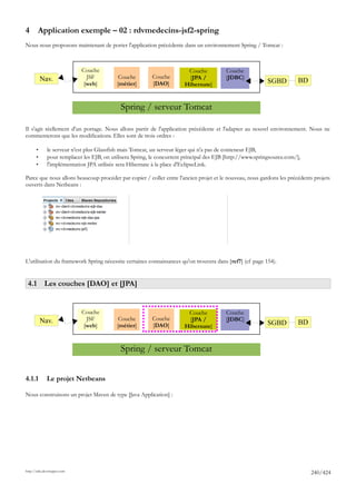 4       Application exemple – 02 : rdvmedecins-jsf2-spring
Nous nous proposons maintenant de porter l'application précédente dans un environnement Spring / Tomcat :



                             Couche                                      Couche           Couche
           Nav.                JSF          Couche        Couche         [JPA /           [JDBC]
                              [web]        [métier]       [DAO]         Hibernate]                          SGBD         BD


                                             Spring / serveur Tomcat

Il s'agit réellement d'un portage. Nous allons partir de l'application précédente et l'adapter au nouvel environnement. Nous ne
commenterons que les modifications. Elles sont de trois ordres :

       •      le serveur n'est plus Glassfish mais Tomcat, un serveur léger qui n'a pas de conteneur EJB,
       •      pour remplacer les EJB, on utilisera Spring, le concurrent principal des EJB [http://www.springsource.com/],
       •      l'implémentation JPA utilisée sera Hibernate à la place d'EclipseLink.

Parce que nous allons beaucoup procéder par copier / coller entre l'ancien projet et le nouveau, nous gardons les précédents projets
ouverts dans Netbeans :




L'utilisation du framework Spring nécessite certaines connaissances qu'on trouvera dans [ref7] (cf page 154).


 4.1 Les couches [DAO] et [JPA]


                             Couche                                      Couche           Couche
           Nav.                JSF          Couche        Couche         [JPA /           [JDBC]
                              [web]        [métier]       [DAO]         Hibernate]                          SGBD         BD


                                             Spring / serveur Tomcat


4.1.1         Le projet Netbeans

Nous construisons un projet Maven de type [Java Application] :




http://tahe.developpez.com
                                                                                                                              240/424
 