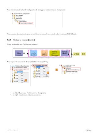 Nous renommons le fichier de configuration de Spring pour tenir compte des changements :




Nous sommes désormais prêts pour un test. Nous reprenons le test console utilisé pour tester l'EJB [Metier].


4.2.4         Test de la couche [métier]

Le test se déroulera avec l'architecture suivante :



                                                                               Couche      Couche
                       Client                 couche            couche         [JPA /      [JDBC]
                      console                [métier]           [DAO]         Hibernate]               SGBD    BD


Nous copions le test console du projet EJB dans le projet Spring :



                                                                                     3
                                                                          2



                                   1




       •      en [1] et [2], le copier / coller entre les deux projets,
       •      en [3], le code importé présente des erreurs.




http://tahe.developpez.com
                                                                                                                    258/424
 