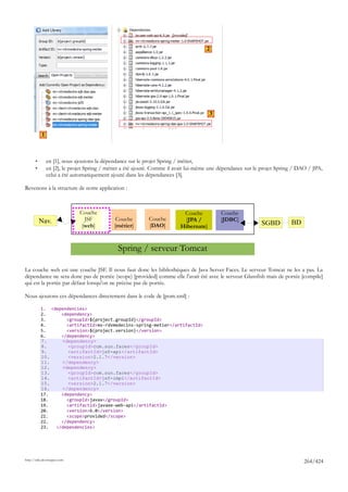 2




                                                                                      3


           1



       •       en [1], nous ajoutons la dépendance sur le projet Spring / métier,
       •       en [2], le projet Spring / métier a été ajouté. Comme il avait lui-même une dépendance sur le projet Spring / DAO / JPA,
               celui a été automatiquement ajouté dans les dépendances [3].

Revenons à la structure de notre application :



                             Couche                                       Couche          Couche
           Nav.                JSF           Couche        Couche         [JPA /          [JDBC]
                              [web]         [métier]       [DAO]         Hibernate]                         SGBD         BD


                                              Spring / serveur Tomcat

La couche web est une couche JSF. Il nous faut donc les bibliothèques de Java Server Faces. Le serveur Tomcat ne les a pas. La
dépendance ne sera donc pas de portée (scope) [provided] comme elle l'avait été avec le serveur Glassfish mais de portée [compile]
qui est la portée par défaut lorsqu'on ne précise pas de portée.

Nous ajoutons ces dépendances directement dans le code de [pom.xml] :

           1. <dependencies>
           2.     <dependency>
           3.       <groupId>${project.groupId}</groupId>
           4.       <artifactId>mv-rdvmedecins-spring-metier</artifactId>
           5.       <version>${project.version}</version>
           6.     </dependency>
           7.     <dependency>
           8.        <groupId>com.sun.faces</groupId>
           9.        <artifactId>jsf-api</artifactId>
           10.       <version>2.1.7</version>
           11.    </dependency>
           12.    <dependency>
           13.       <groupId>com.sun.faces</groupId>
           14.       <artifactId>jsf-impl</artifactId>
           15.       <version>2.1.7</version>
           16.    </dependency>
           17.    <dependency>
           18.      <groupId>javax</groupId>
           19.      <artifactId>javaee-web-api</artifactId>
           20.      <version>6.0</version>
           21.      <scope>provided</scope>
           22.    </dependency>
           23.  </dependencies>




http://tahe.developpez.com
                                                                                                                              264/424
 