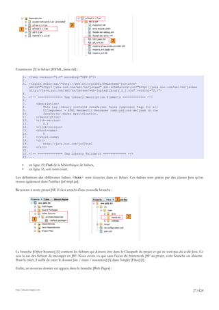 2
     1


                                                                     3




Examinons [3] le fichier [HTML_basic.tld] :

         1. <?xml version="1.0" encoding="UTF-8"?>
         2.
         3. <taglib xmlns:xsi="http://www.w3.org/2001/XMLSchema-instance"
             xmlns="http://java.sun.com/xml/ns/javaee" xsi:schemaLocation="http://java.sun.com/xml/ns/javaee
             http://java.sun.com/xml/ns/javaee/web-jsptaglibrary_2_1.xsd" version="2.1">
         4.
         5. <!-- ============== Tag Library Description Elements ============= -->
         6.
         7.      <description>
         8.          This tag library contains JavaServer Faces component tags for all
         9.          UIComponent + HTML RenderKit Renderer combinations defined in the
         10.         JavaServer Faces Specification.
         11.     </description>
         12.     <tlib-version>
         13.         2.1
         14.     </tlib-version>
         15.     <short-name>
         16.         h
         17.     </short-name>
         18.     <uri>
         19.         http://java.sun.com/jsf/html
         20.     </uri>
         21.
         22. <!-- ============== Tag Library Validator ============= -->
         23. ...

       •      en ligne 19, l'uri de la bibliothèque de balises,
       •      en ligne 16, son nom court.

Les définitions des différentes balises <h:xx> sont trouvées dans ce fichier. Ces balises sont gérées par des classes Java qu'on
trouve également dans l'artifact [jsf-impl.jar].

Revenons à notre projet JSF. Il s'est enrichi d'une nouvelle branche :

                                                                         2



                                                                               3
                   1




La branche [Other Sources] [1] contient les fichiers qui doivent être dans le Classpath du projet et qui ne sont pas du code Java. Ce
sera le cas des fichiers de messages en JSF. Nous avons vu que sans l'ajout du framework JSF au projet, cette branche est absente.
Pour la créer, il suffit de créer le dossier [src / main / resources] [3] dans l'onglet [Files] [2].

Enfin, un nouveau dossier est apparu dans la branche [Web Pages] :




http://tahe.developpez.com
                                                                                                                             27/424
 