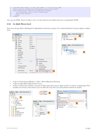 2. <!DOCTYPE HTML PUBLIC "-//W3C//DTD XHTML 1.0 Transitional//EN"
          "http://www.w3.org/TR/xhtml1/DTD/xhtml1-transitional.dtd">
       3. <html xmlns="http://www.w3.org/1999/xhtml"><head>
       4.     <title>Facelet Title</title></head><body>
       5.     Hello from Facelets
       6.   </body>
       7. </html>

On a reçu du HTML. Toutes les balises <h:xx> de index.xhtml ont été traduites dans leurs correspondants HTML.

2.3.6         Le dépôt Maven local

Nous avons dit que Maven téléchargeait les dépendances nécessaires au projet et les stockait localement. On peut explorer ce dépôt
local :


                                                                                                                        2
                                                                                                                3




                                                                                                                              4




                                                                              1




       •      en [1], on choisit l'option [Window / Other / Maven Repository Browser],
       •      en [2], un onglet [Maven Repositories] s'ouvre,
       •      en [3], il contient deux branches, une pour le dépôt local, l'autre pour le dépôt central. Ce dernier est gigantesque. Pour
              visualiser son contenu, il faut mettre à jour son index [4]. Cette mise à jour dure plusieurs dizaines de minutes.


                                                                          6

                             5


                                                                                                                    8




                                                                      7




http://tahe.developpez.com
                                                                                                                                  31/424
 