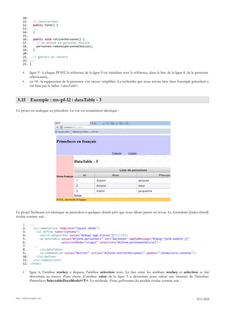 10.
       11.   // constructeur
       12.   public Form() {
       13.   ...
       14.   }
       15.
       16.   public void retirerPersonne() {
       17.     // on enlève la personne choisie
       18.     personnes.remove(personneChoisie);
       19.   }
       20.
       21.   // getters et setters
       22. ...
       23. }

       •      ligne 9 : à chaque POST, la référence de la ligne 9 est initialisée avec la référence, dans la liste de la ligne 8, de la personne
              sélectionnée,
       •      en 18 : la suppression de la personne s'en trouve simplifiée. La recherche que nous avions faite dans l'exemple précédent a
              été faite par la balise <dataTable>.


 5.15 Exemple : mv-pf-12 : dataTable - 3

Ce projet est analogue au précédent. La vue est notamment identique :




Le projet Netbeans est identique au précédent à quelques détails près que nous allons passer en revue. Le formulaire [index.xhtml]
évolue comme suit :

       1. ...
       2.    <ui:composition template="layout.xhtml">
       3.      <ui:define name="contenu">
       4.        <h2><h:outputText value="#{msg['app.titre2']}"/></h2>
       5.        <p:dataTable value="#{form.personnes}" var="personne" emptyMessage="#{msg['form.noData']}"
       6.                      selectionMode="single" selection="#{form.personneChoisie}">
       7.    ...
       8.        </p:dataTable>
       9.        <p:commandLink value="Retirer" action="#{form.retirerPersonne}" update=":formulaire:contenu"/>
       10.     </ui:define>
       11.   </ui:composition>
       12. </html>

       •      ligne 6, l'attribut rowkey a disparu, l'attribut selection reste. Le lien entre les attributs rowkey et selection se fait
              désormais au travers d'une classe. L'attribut value de la ligne 5 a désormais pour valeur une instance de l'interface
              Primefaces SelectableDataModel<T>. La méthode [Form].getPersonnes du modèle évolue comme suit :



http://tahe.developpez.com
                                                                                                                                       311/424
 