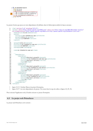 1




Le projet n'existe que pour ces trois dépendances [1] définies dans le fichier [pom.xml] de la façon suivante :

       1.       <?xml version="1.0" encoding="UTF-8"?>
       2.       <project xmlns="http://maven.apache.org/POM/4.0.0" xmlns:xsi="http://www.w3.org/2001/XMLSchema-instance"
                xsi:schemaLocation="http://maven.apache.org/POM/4.0.0 http://maven.apache.org/xsd/maven-4.0.0.xsd">
       3.         <modelVersion>4.0.0</modelVersion>
       4.         <parent>
       5.           <artifactId>mv-rdvmedecins-app</artifactId>
       6.           <groupId>istia.st</groupId>
       7.           <version>1.0-SNAPSHOT</version>
       8.         </parent>
       9.
       10.   <groupId>istia.st</groupId>
       11.   <artifactId>mv-rdvmedecins-app-ear</artifactId>
       12.   <version>1.0-SNAPSHOT</version>
       13.   <packaging>ear</packaging>
       14.
       15.   <name>mv-rdvmedecins-app-ear</name>
       16.
       17.   ...
       18.     <dependencies>
       19.         <dependency>
       20.             <groupId>${project.groupId}</groupId>
       21.             <artifactId>mv-rdvmedecins-ejb-dao-jpa</artifactId>
       22.             <version>${project.version}</version>
       23.             <type>ejb</type>
       24.         </dependency>
       25.         <dependency>
       26.             <groupId>${project.groupId}</groupId>
       27.             <artifactId>mv-rdvmedecins-ejb-metier</artifactId>
       28.             <version>${project.version}</version>
       29.             <type>ejb</type>
       30.         </dependency>
       31.         <dependency>
       32.             <groupId>${project.groupId}</groupId>
       33.             <artifactId>mv-rdvmedecins-pf</artifactId>
       34.             <version>${project.version}</version>
       35.             <type>war</type>
       36.         </dependency>
       37.     </dependencies>
       38. </project>

       •        lignes 10-13 : l'artifact Maven du projet d'entreprise,
       •        lignes 18-37 : les trois dépendances du projet. On notera bien le type de celles-ci (lignes 23, 29, 35).

Pour exécuter l'application web, il faudra exécuter ce projet d'entreprise.


 6.3 Le projet web Primefaces

Le projet web Primefaces est le suivant :




http://tahe.developpez.com
                                                                                                                           322/424
 