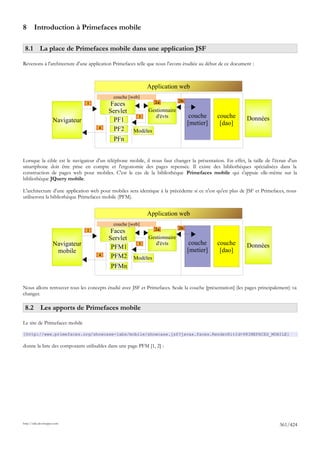 8       Introduction à Primefaces mobile

 8.1 La place de Primefaces mobile dans une application JSF

Revenons à l'architecture d'une application Primefaces telle que nous l'avons étudiée au début de ce document :



                                                           Application web
                                           couche [web]
                                                               2a          2b
                                  1        Faces
                                          Servlet           Gestionnaire
                                                       3       d'évts            couche      couche        Données
                     Navigateur             PF1                                 [metier]      [dao]
                                      4     PF2      Modèles
                                           PFn


Lorsque la cible est le navigateur d'un téléphone mobile, il nous faut changer la présentation. En effet, la taille de l'écran d'un
smartphone doit être prise en compte et l'ergonomie des pages repensée. Il existe des bibliothèques spécialisées dans la
construction de pages web pour mobiles. C'est le cas de la bibliothèque Primefaces mobile qui s'appuie elle-même sur la
bibliothèque JQuery mobile.

L'architecture d'une application web pour mobiles sera identique à la précédente si ce n'est qu'en plus de JSF et Primefaces, nous
utiliserons la bibliothèque Primefaces mobile (PFM).


                                                           Application web
                                           couche [web]
                                                               2a          2b
                                  1        Faces
                                          Servlet           Gestionnaire
                     Navigateur                        3       d'évts            couche      couche        Données
                                           PFM1                                 [metier]
                      mobile                                                                  [dao]
                                      4    PFM2      Modèles
                                          PFMn


Nous allons retrouver tous les concepts étudié avec JSF et Primefaces. Seule la couche [présentation] (les pages principalement) va
changer.

 8.2 Les apports de Primefaces mobile

Le site de Primefaces mobile

[http://www.primefaces.org/showcase-labs/mobile/showcase.jsf?javax.faces.RenderKitId=PRIMEFACES_MOBILE]

donne la liste des composants utilisables dans une page PFM [1, 2] :




http://tahe.developpez.com
                                                                                                                          361/424
 