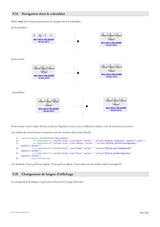 9.14 Navigation dans le calendrier

Dans vue2, des boutons permettent de naviguer dans le calendrier :

Jour précédent :




Jour suivant :




Aujourd'hui :




Non montré sur les copies d'écran ci-dessus, l'agenda est mis à jour et affiche les rendez-vous du nouveau jour choisi.

Les balises des trois boutons concernés sont les suivantes dans [vue2.xhtml] :

       1.     <pm:buttonGroup orientation="horizontal">
       2.               <p:commandButton inline="true" icon="back" value=" " action="#{form.showVue1}" update=":vue1"/>
       3.               <p:commandButton inline="true" icon="minus" value=" " action="#{form.getPreviousAgenda}"
              update=":form2"/>
       4.               <p:commandButton inline="true" icon="home" value=" " action="#{form.getTodayAgenda}"
              update=":form2"/>
       5.               <p:commandButton inline="true" icon="plus" value=" " action="#{form.getNextAgenda}"
              update=":form2"/>
       6.             </pm:buttonGroup>

Les méthode [Form].getPreviousAgenda, [Form].getNextAgenda, [Form].today ont été étudiées dans l'exemple 03.


 9.15 Changement de langue d'affichage

Le changement de langue est géré par un bouton de la page d'accueil :




http://tahe.developpez.com
                                                                                                                          405/424
 