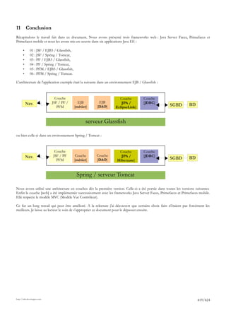 11         Conclusion
Récapitulons le travail fait dans ce document. Nous avons présenté trois frameworks web : Java Server Faces, Primefaces et
Primefaces mobile et nous les avons mis en oeuvre dans six applications Java EE :

       •      01 : JSF / EJB3 / Glassfish,
       •      02 : JSF / Spring / Tomcat,
       •      03 : PF / EJB3 / Glassfish,
       •      04 : PF / Spring / Tomcat,
       •      05 : PFM / EJB3 / Glassfish,
       •      06 : PFM / Spring / Tomcat.

L'architecture de l'application exemple était la suivante dans un environnement EJB / Glassfish :



                               Couche                                 Couche           Couche
           Nav.              JSF / PF /        EJB       EJB           [JPA /          [JDBC]
                                PFM          [métier]   [DAO]       EclipseLink]                      SGBD         BD


                                                    serveur Glassfish

ou bien celle-ci dans un environnement Spring / Tomcat :



                              Couche                                  Couche           Couche
           Nav.              JSF / PF         Couche    Couche        [JPA /           [JDBC]
                               PFM           [métier]   [DAO]        Hibernate]                       SGBD         BD


                                              Spring / serveur Tomcat

Nous avons utilisé une architecture en couches dès la première version. Celle-ci a été portée dans toutes les versions suivantes.
Enfin la couche [web] a été implémentée successivement avec les frameworks Java Server Faces, Primefaces et Primefaces mobile.
Elle respecte le modèle MVC (Modèle Vue Contrôleur).

Ce fut un long travail qui peut être amélioré. A la relecture j'ai découvert que certains choix faits n'étaient pas forcément les
meilleurs. Je laisse au lecteur le soin de s'approprier ce document pour le dépasser ensuite.




http://tahe.developpez.com
                                                                                                                        419/424
 