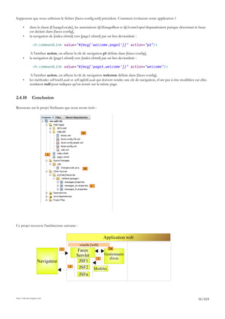 Supposons que nous utilisions le fichier [faces-config.xml] précédent. Comment évoluerait notre application ?

       •      dans la classe [ChangeLocale], les annotations @ManagedBean et @SessionScoped disparaîtraient puisque désormais le bean
              est déclaré dans [faces-config],
       •      la navigation de [index.xhtml] vers [page1.xhtml] par un lien deviendrait :

                 <h:commandLink value="#{msg['welcome.page1']}" action="p1"/>

              A l'attribut action, on affecte la clé de navigation p1 définie dans [faces-config],
       •      la navigation de [page1.xhtml] vers [index.xhtml] par un lien deviendrait :

                 <h:commandLink value="#{msg['page1.welcome']}" action="welcome"/>

              A l'attribut action, on affecte la clé de navigation welcome définie dans [faces-config],
       •      les méthodes setFrenchLocale et setEnglishLocale qui doivent rendre une clé de navigation, n'ont pas à être modifiées car elles
              rendaient null pour indiquer qu'on restait sur la même page.


2.4.10          Conclusion

Revenons sur le projet Netbeans que nous avons écrit :




                                                   D




                             A



                                                     B




                                                          C




Ce projet recouvre l'architecture suivante :


                                                                   Application web
                                                 couche [web]
                                    1                                   2a
                                                Faces
                                               Servlet             Gestionnaire
                                                               3      d'évts
                     Navigateur                  JSF1
                                          4      JSF2         Modèles
                                                 JSFn




http://tahe.developpez.com
                                                                                                                                       56/424
 