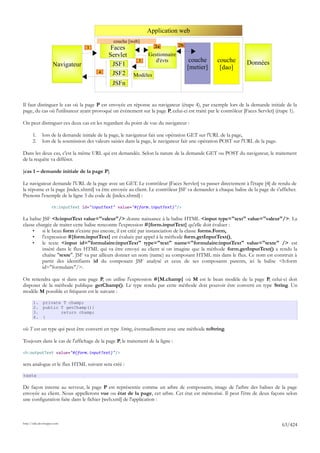 Application web
                                                couche [web]
                                                                                 2b
                                   1           Faces                 2a

                                              Servlet             Gestionnaire
                                                             3       d'évts            couche      couche         Données
                     Navigateur                 JSF1                                  [metier]      [dao]
                                         4      JSF2      Modèles
                                                JSFn


Il faut distinguer le cas où la page P est envoyée en réponse au navigateur (étape 4), par exemple lors de la demande initiale de la
page, du cas où l'utilisateur ayant provoqué un événement sur la page P, celui-ci est traité par le contrôleur [Faces Servlet] (étape 1).

On peut distinguer ces deux cas en les regardant du point de vue du navigateur :

       1.     lors de la demande initiale de la page, le navigateur fait une opération GET sur l'URL de la page,
       2.     lors de la soumission des valeurs saisies dans la page, le navigateur fait une opération POST sur l'URL de la page.

Dans les deux cas, c'est la même URL qui est demandée. Selon la nature de la demande GET ou POST du navigateur, le traitement
de la requête va différer.

[cas 1 – demande initiale de la page P]

Le navigateur demande l'URL de la page avec un GET. Le contrôleur [Faces Servlet] va passer directement à l'étape [4] de rendu de
la réponse et la page [index.xhtml] va être envoyée au client. Le contrôleur JSF va demander à chaque balise de la page de s'afficher.
Prenons l'exemple de la ligne 5 du code de [index.xhtml] :

                    <h:inputText id="inputText" value="#{form.inputText}"/>

La balise JSF <h:inputText value="valeur"/> donne naissance à la balise HTML <input type="text" value="valeur"/>. La
classe chargée de traiter cette balise rencontre l'expression #{form.inputText} qu'elle doit évaluer :
     •    si le bean form n'existe pas encore, il est créé par instanciation de la classe forms.Form,
     •    l'expression #{form.inputText} est évaluée par appel à la méthode form.getInputText(),
     •    le texte <input id="formulaire:inputText" type="text" name="formulaire:inputText" value="texte" /> est
          inséré dans le flux HTML qui va être envoyé au client si on imagine que la méthode form.getInputText() a rendu la
          chaîne "texte". JSF va par ailleurs donner un nom (name) au composant HTML mis dans le flux. Ce nom est construit à
          partir des identifiants id du composant JSF analysé et ceux de ses composants parents, ici la balise <h:form
          id="formulaire"/>.

On retiendra que si dans une page P, on utilise l'expression #{M.champ} où M est le bean modèle de la page P, celui-ci doit
disposer de la méthode publique getChamp(). Le type rendu par cette méthode doit pouvoir être converti en type String. Un
modèle M possible et fréquent est le suivant :

       1.     private T champ;
       2.     public T getChamp(){
       3.            return champ;
       4.     }

où T est un type qui peut être converti en type String, éventuellement avec une méthode toString.

Toujours dans le cas de l'affichage de la page P, le traitement de la ligne :

<h:outputText value="#{form.inputText}"/>

sera analogue et le flux HTML suivant sera créé :

texte

De façon interne au serveur, la page P est représentée comme un arbre de composants, image de l'arbre des balises de la page
envoyée au client. Nous appellerons vue ou état de la page, cet arbre. Cet état est mémorisé. Il peut l'être de deux façons selon
une configuration faite dans le fichier [web.xml] de l'application :



http://tahe.developpez.com
                                                                                                                                    63/424
 