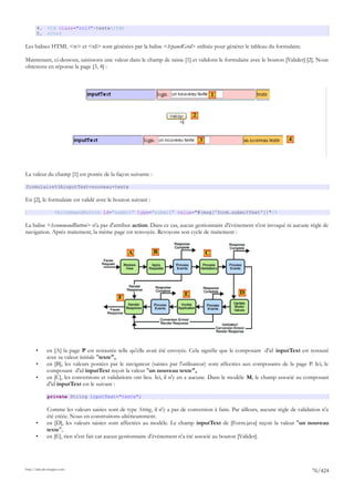 4.     <td class="col3">texte</td>
       5.     </tr>

Les balises HTML <tr> et <td> sont générées par la balise <h:panelGrid> utilisée pour générer le tableau du formulaire.

Maintenant, ci-dessous, saisissons une valeur dans le champ de saisie [1] et validons le formulaire avec le bouton [Valider] [2]. Nous
obtenons en réponse la page [3, 4] :



                                                                                            1


                                                                                2



                                                                                    3                                     4




La valeur du champ [1] est postée de la façon suivante :

formulaire%3AinputText=nouveau+texte

En [2], le formulaire est validé avec le bouton suivant :

                   <h:commandButton id="submit" type="submit" value="#{msg['form.submitText']}"/>

La balise <h:commandButton> n'a pas d'attribut action. Dans ce cas, aucun gestionnaire d'événement n'est invoqué ni aucune règle de
navigation. Après traitement, la même page est renvoyée. Revoyons son cycle de traitement :


                                                  A           B                         C




                                                                            E                        D
                                              F




       •      en [A] la page P est restaurée telle qu'elle avait été envoyée. Cela signifie que le composant d'id inputText est restauré
              avec sa valeur initiale "texte",
       •      en [B], les valeurs postées par le navigateur (saisies par l'utilisateur) sont affectées aux composants de la page P. Ici, le
              composant d'id inputText reçoit la valeur "un nouveau texte",
       •      en [C], les conversions et validations ont lieu. Ici, il n'y en a aucune. Dans le modèle M, le champ associé au composant
              d'id inputText est le suivant :

              private String inputText="texte";

              Comme les valeurs saisies sont de type String, il n'y a pas de conversion à faire. Par ailleurs, aucune règle de validation n'a
              été créée. Nous en construirons ultérieurement.
       •      en [D], les valeurs saisies sont affectées au modèle. Le champ inputText de [Form.java] reçoit la valeur "un nouveau
              texte",
       •      en [E], rien n'est fait car aucun gestionnaire d'événement n'a été associé au bouton [Valider].




http://tahe.developpez.com
                                                                                                                                     76/424
 