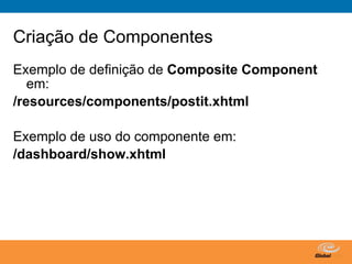 Criação de Componentes
Exemplo de definição de Composite Component
   em:
/resources/components/postit.xhtml

Exemplo de uso do componente em:
/dashboard/show.xhtml




                              Globalcode – Open4education
 