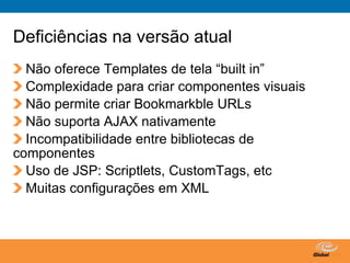 Deficiências na versão atual
  Não oferece Templates de tela “built in”
  Complexidade para criar componentes visuais
  Não permite criar Bookmarkble URLs
  Não suporta AJAX nativamente
  Incompatibilidade entre bibliotecas de
componentes
  Uso de JSP: Scriptlets, CustomTags, etc
  Muitas configurações em XML



                                Globalcode – Open4education
 