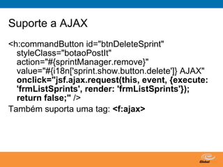 Suporte a AJAX
<h:commandButton id="btnDeleteSprint"
  styleClass="botaoPostIt"
  action="#{sprintManager.remove}"
  value="#{i18n['sprint.show.button.delete']} AJAX"
  onclick="jsf.ajax.request(this, event, {execute:
  'frmListSprints', render: 'frmListSprints'});
  return false;" />
Também suporta uma tag: <f:ajax>




                                  Globalcode – Open4education
 
