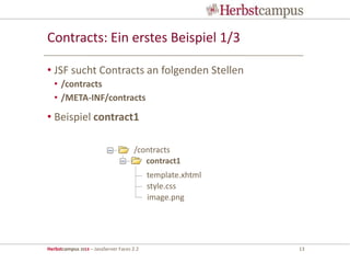 Herbstcampus 2013 – JavaServer Faces 2.2 13
Contracts: Ein erstes Beispiel 1/3
• JSF sucht Contracts an folgenden Stellen
• /contracts
• /META-INF/contracts
• Beispiel contract1
/contracts
contract1
template.xhtml
style.css
image.png
 