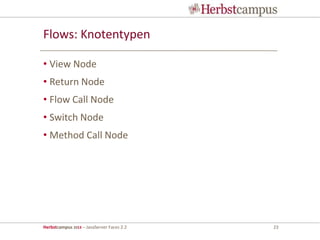 Herbstcampus 2013 – JavaServer Faces 2.2 23
Flows: Knotentypen
• View Node
• Return Node
• Flow Call Node
• Switch Node
• Method Call Node
 