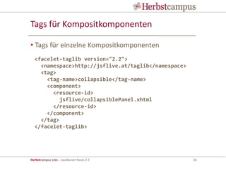 Herbstcampus 2013 – JavaServer Faces 2.2 34
Tags für Kompositkomponenten
• Tags für einzelne Kompositkomponenten
<facelet-taglib version="2.2">
<namespace>http://jsflive.at/taglib</namespace>
<tag>
<tag-name>collapsible</tag-name>
<component>
<resource-id>
jsflive/collapsiblePanel.xhtml
</resource-id>
</component>
</tag>
</facelet-taglib>
 