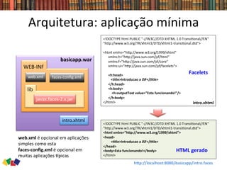 basicapp.war 	
  	
  	
  	
  	
  
	
  
	
  
	
  
	
  
	
  
	
  
	
  
	
  
	
  
	
  
Arquitetura:	
  aplicação	
  mínima	
  
WEB-­‐INF	
  
	
  
	
  
	
  
	
  
	
  
	
  
	
  
lib	
  
	
  
	
  
	
  
javax.faces-­‐2.x.jar	
  
intro.xhtml	
  
web.xml	
   faces-­‐conﬁg.xml	
  
<!DOCTYPE	
  html	
  PUBLIC	
  "-­‐//W3C//DTD	
  XHTML	
  1.0	
  Transi0onal//EN"	
  
"hwp://www.w3.org/TR/xhtml1/DTD/xhtml1-­‐transi0onal.dtd">	
  
	
  
<html	
  xmlns="hwp://www.w3.org/1999/xhtml"	
  	
  
	
  	
  	
  	
  	
  	
  xmlns:h="hwp://java.sun.com/jsf/html"	
  	
  
	
  	
  	
  	
  	
  	
  xmlns:f="hwp://java.sun.com/jsf/core"	
  	
  
	
  	
  	
  	
  	
  	
  xmlns:ui="hwp://java.sun.com/jsf/facelets">	
  	
  
	
  	
  	
  	
  	
  	
  	
  
	
  	
  	
  	
  	
  	
  <h:head>	
  	
  
	
  	
  	
  	
  	
  	
  	
  	
  	
  <Ctle>Introducao	
  a	
  JSF</Ctle>	
  	
  
	
  	
  	
  	
  	
  	
  </h:head>	
  	
  
	
  	
  	
  	
  	
  	
  <h:body>	
  	
  
	
  	
  	
  	
  	
  	
  	
  	
  	
  	
  <h:outputText	
  value="Esta	
  funcionando!"/>	
  	
  
	
  	
  	
  	
  	
  	
  </h:body>	
  
</html>	
   intro.xhtml	
  
<!DOCTYPE	
  html	
  PUBLIC	
  "-­‐//W3C//DTD	
  XHTML	
  1.0	
  Transi0onal//EN"	
  
"hwp://www.w3.org/TR/xhtml1/DTD/xhtml1-­‐transi0onal.dtd">	
  
<html	
  xmlns="hTp://www.w3.org/1999/xhtml">	
  
<head>	
  	
  
	
  	
  	
  	
  	
  	
  	
  	
  	
  <Ctle>Introducao	
  a	
  JSF</Ctle>	
  
</head>	
  
<body>Esta	
  funcionando!</body>	
  
</html>	
  
hTp://localhost:8080/basicapp/intro.faces	
  
Facelets	
  
HTML	
  gerado	
  
web.xml	
  é	
  opcional	
  em	
  aplicações	
  
simples	
  como	
  esta	
  
faces-­‐conﬁg.xml	
  é	
  opcional	
  em	
  
muitas	
  aplicações	
  `picas	
  
 